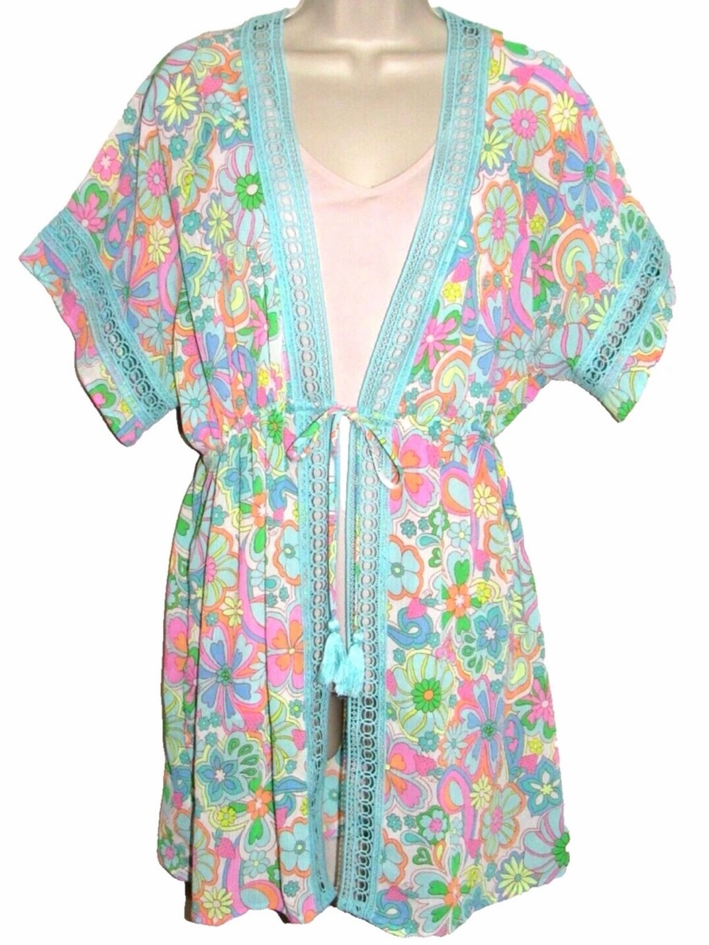 No Boundaries Teal Lace-Trim Floral Cover-Up